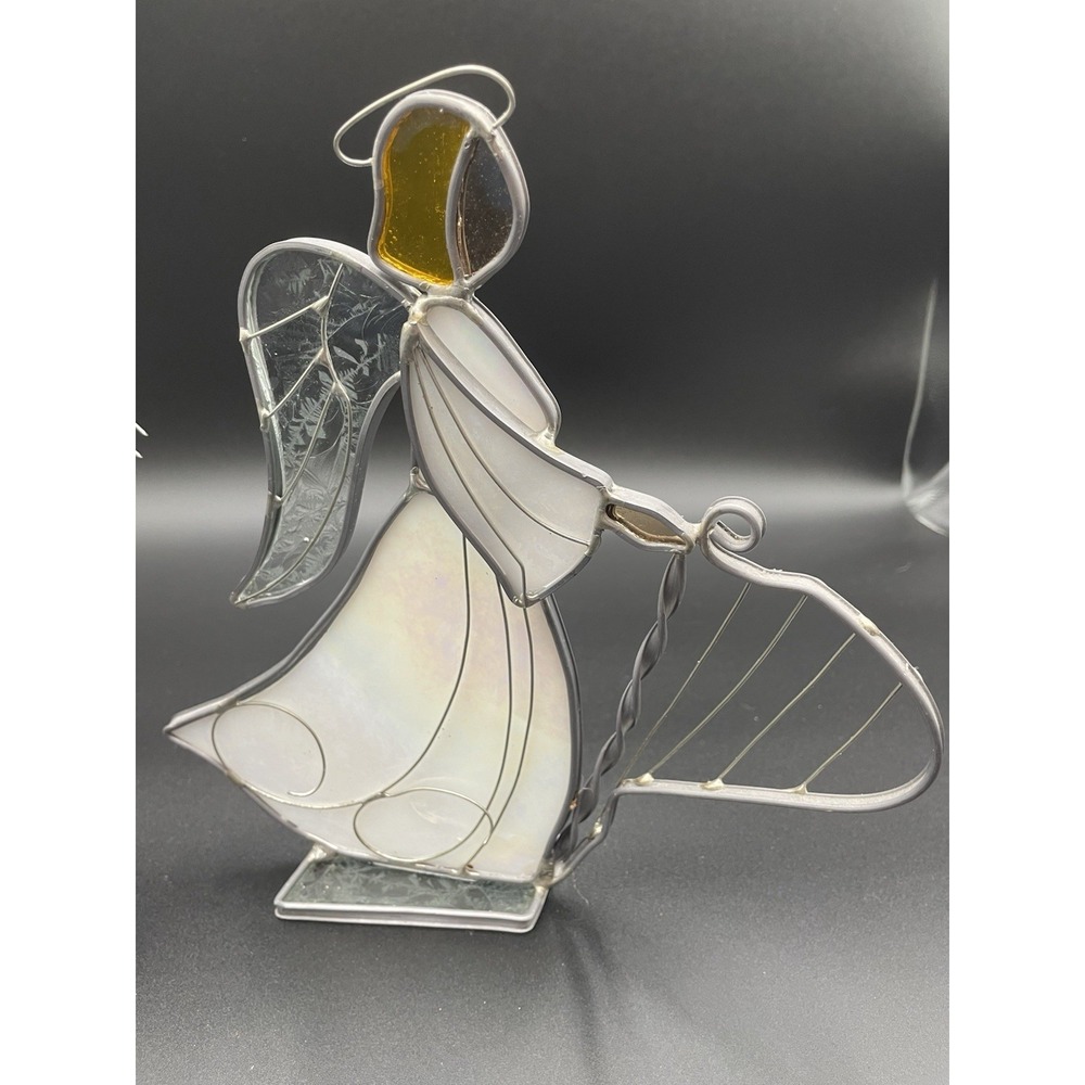 Vintage Stained Glass Angels With Instruments Set Of Two - Picture 3 of 14